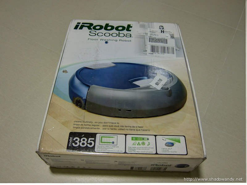 Scooba 380 - This is how the package looks like. A bit tattered because it came from overseas (delivered by DHL)